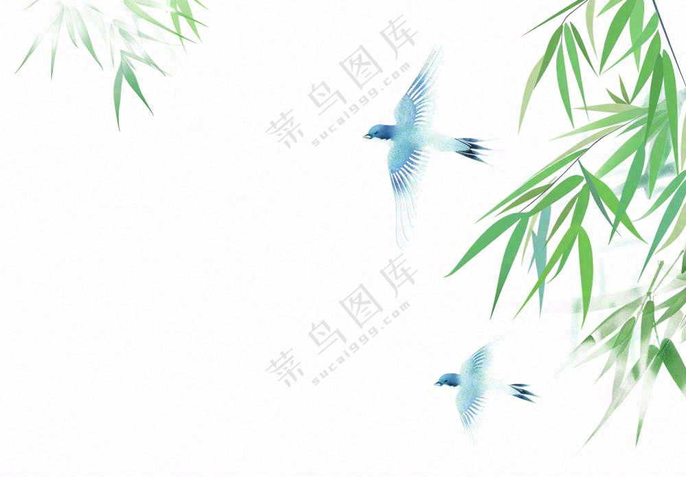 春天绿竹随风青鸟水墨画插画免抠
