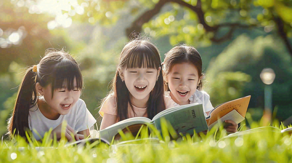 公园草坪看书阅读的学生孩子们知识兴趣世界读书日摄影图