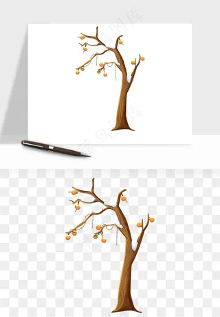 手绘柿子树秋png免抠