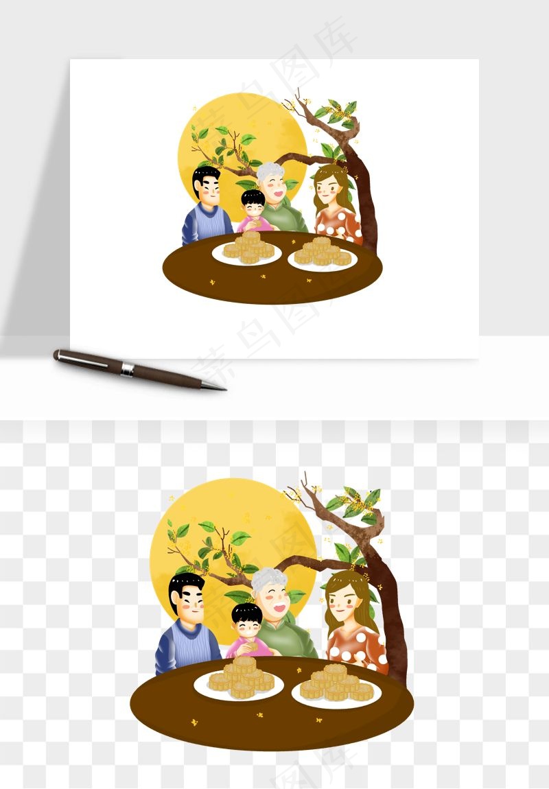 中秋月饼玉兔国潮插画png免抠