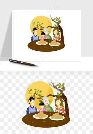 中秋月饼玉兔国潮插画png免抠