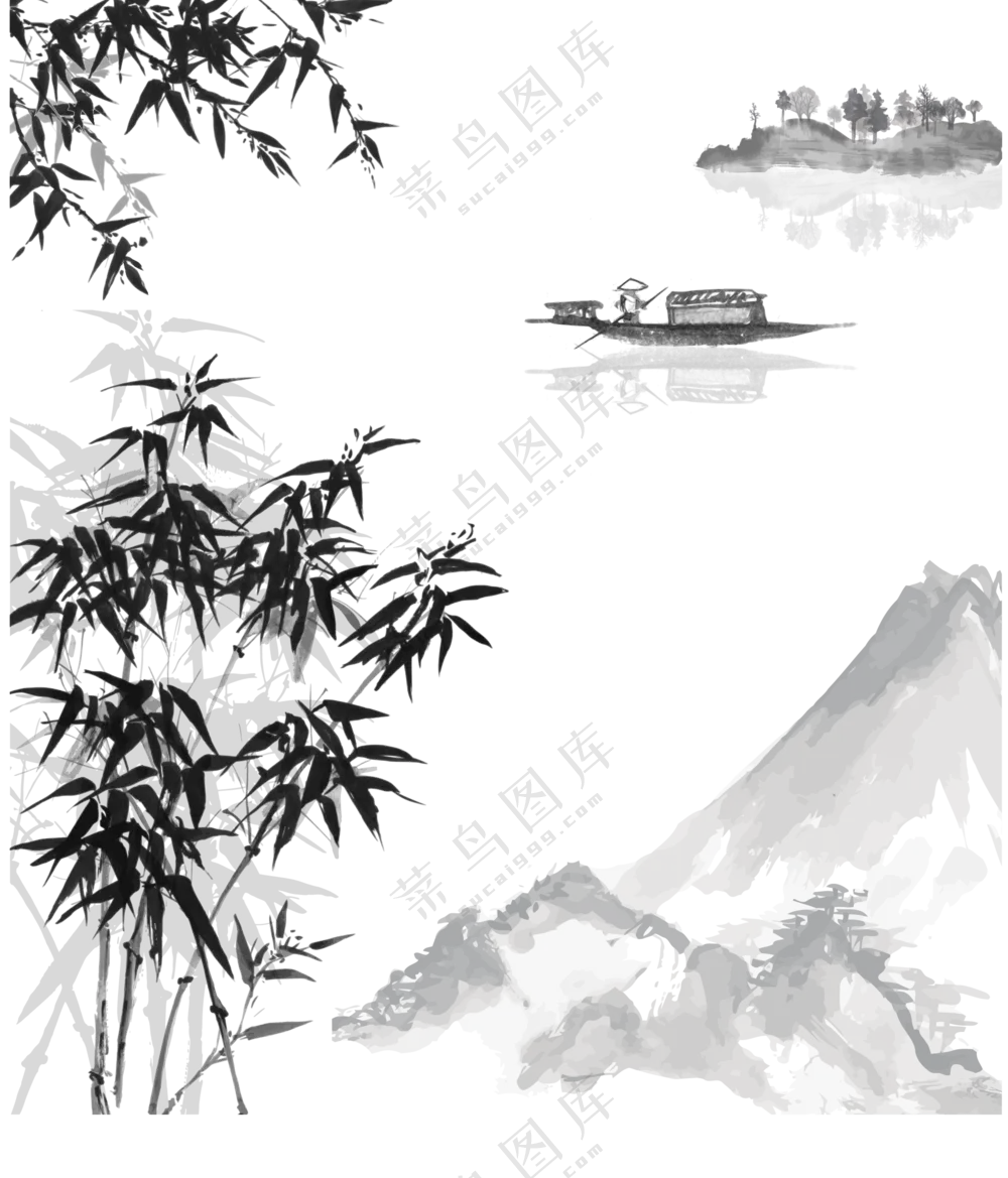 水墨风竹子与山水绘画PNG图片素材