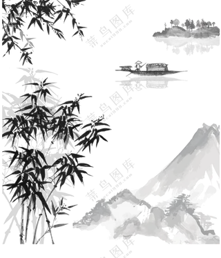 水墨风竹子与山水绘画PNG图片素材