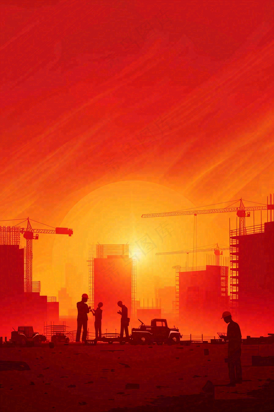 红色工地指挥工人职业人物剪影劳动节插画背景