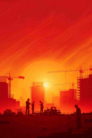 红色工地指挥工人职业人物剪影劳动节插画背景