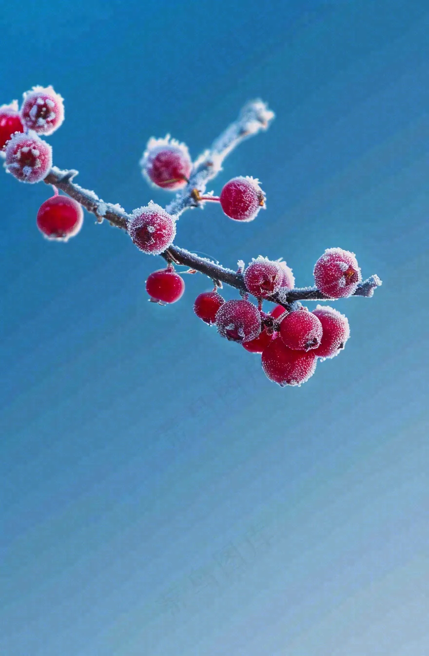 冬天白霜覆盖的红色覆盆子寒冷霜降摄影图