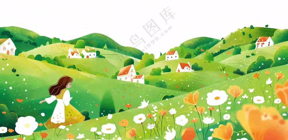 田园山川村庄绿色卡通插画免抠