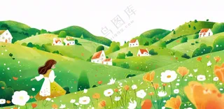 田园山川村庄绿色卡通插画免抠