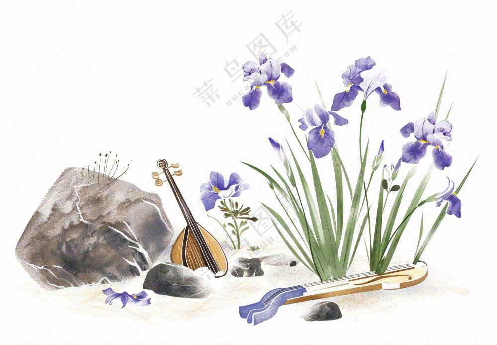 水渠石头旁紫色兰花生长蝴蝶水墨画插画免抠