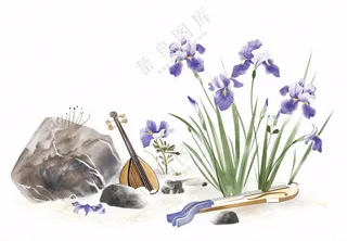 水渠石头旁紫色兰花生长蝴蝶水墨画插画免抠