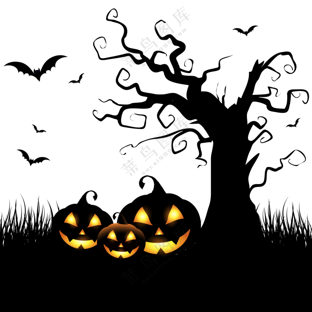 南瓜灯与大树蝙蝠剪影创意免抠图片
