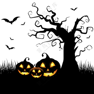 南瓜灯与大树蝙蝠剪影创意免抠图片