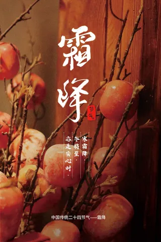 红色插画霜降节气传统海报
