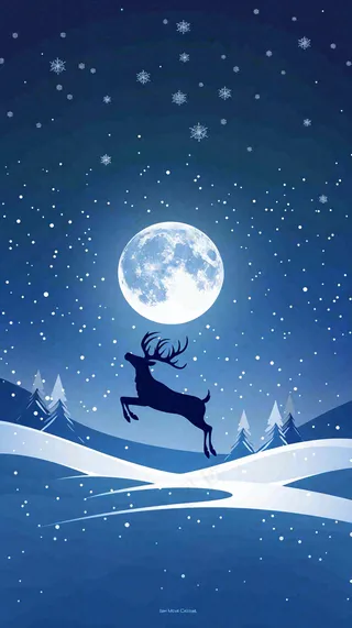 夜晚蓝色星空下的月亮麋鹿跃起平安夜插画背景