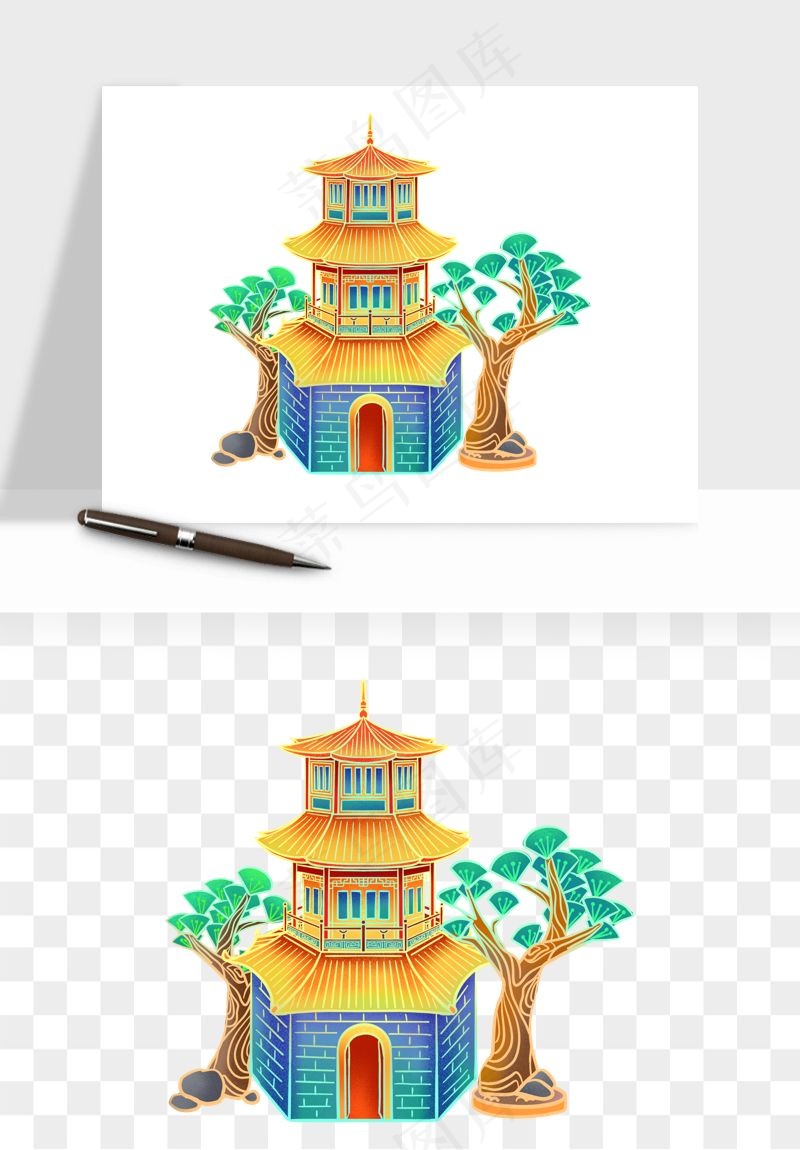 国潮风古建筑古楼古塔鼓楼psd,png免抠图(2000x2000)psd模版下载
