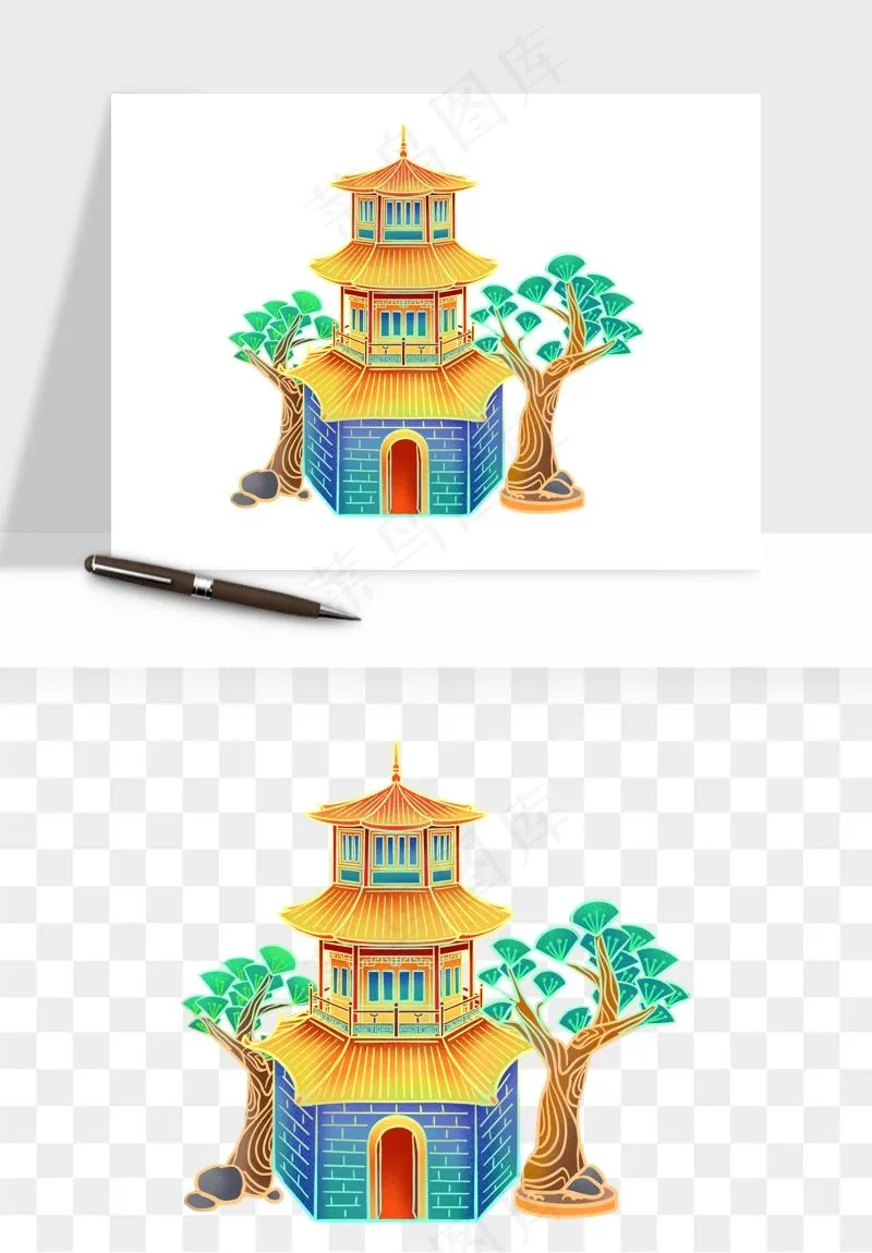国潮风古建筑古楼古塔鼓楼psd,png免抠图(2000x2000)psd模版下载