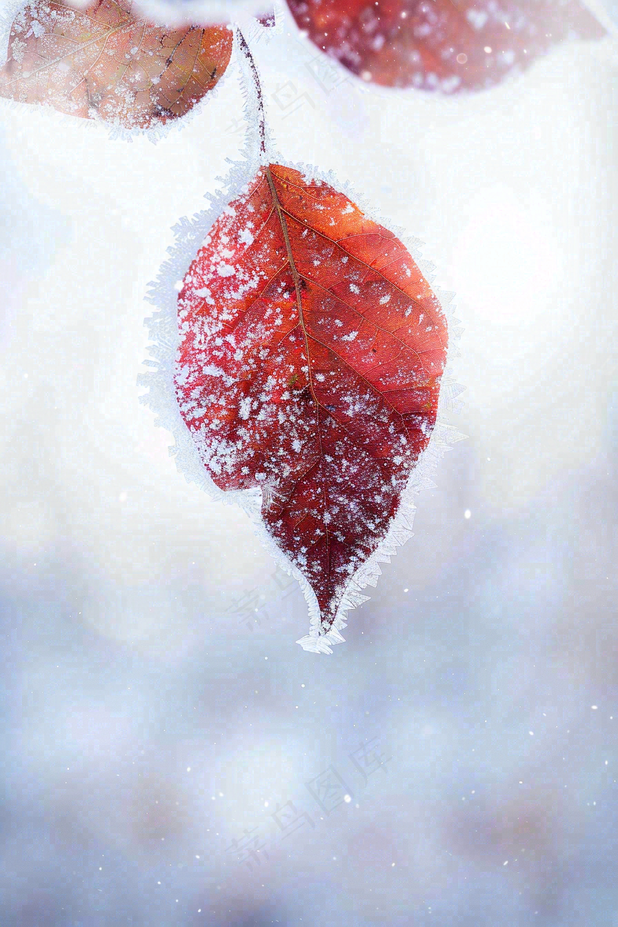 结满白霜雪花的树叶霜降摄影图