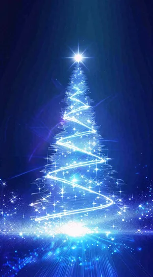 夜晚蓝色星空下发光的圣诞树梦幻平安夜插画背景