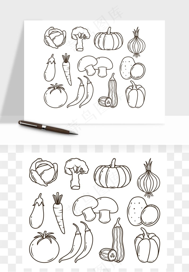 手绘线描水果蔬菜矢量
