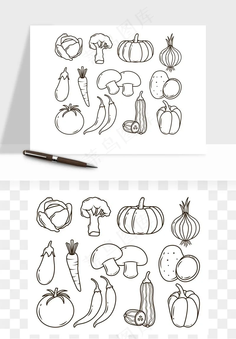 手绘线描水果蔬菜矢量