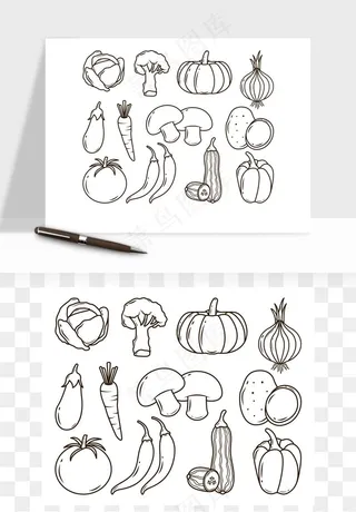 手绘线描水果蔬菜矢量