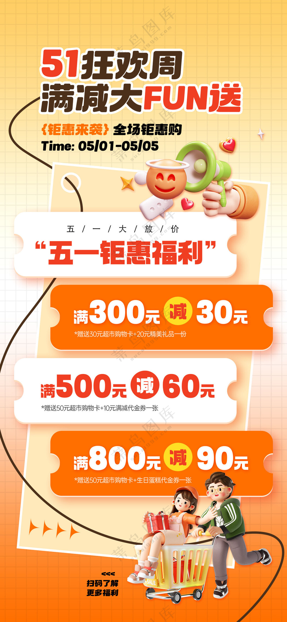 51劳动节黄金周充值消费满减促销海报