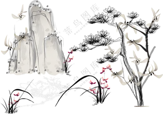 手绘水墨创意假山花卉免抠图片素材