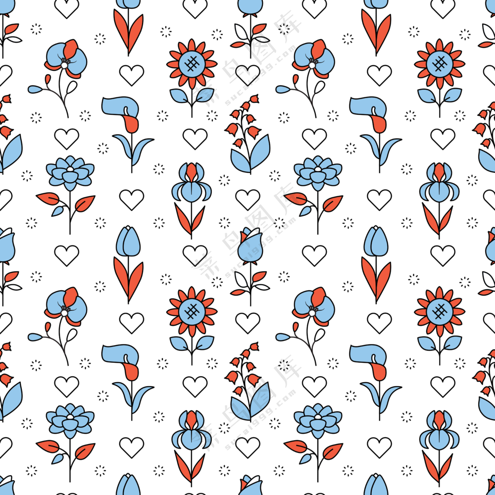 四方连续花朵桃心无缝图案免抠素材