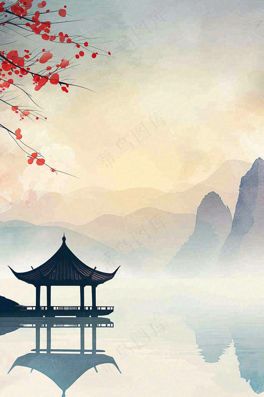 中国风山水凉亭霜降插画背景