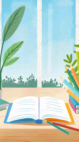 世界读书日窗前书桌书本绿植小清新卡通插画背景