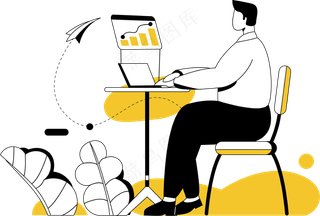 男生用笔记本浏览查阅信息 黄色扁平商务插画