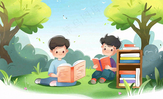 大自然阅读书本知识大树草坪世界读书日卡通插画背景