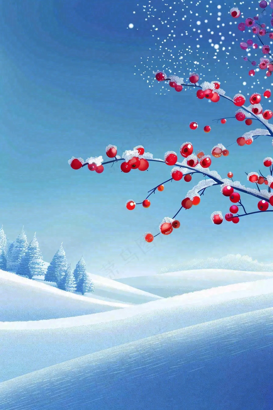 冬天雪山白霜红色果实覆盆子霜降寒露背景