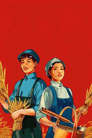 红色复古插画粮食收成农民工劳动节卡通插画背景