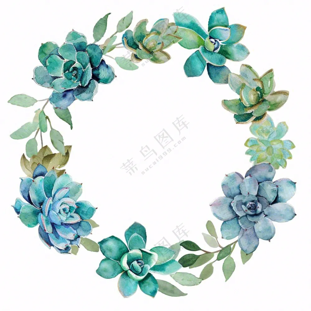 多肉花环水彩插画免抠