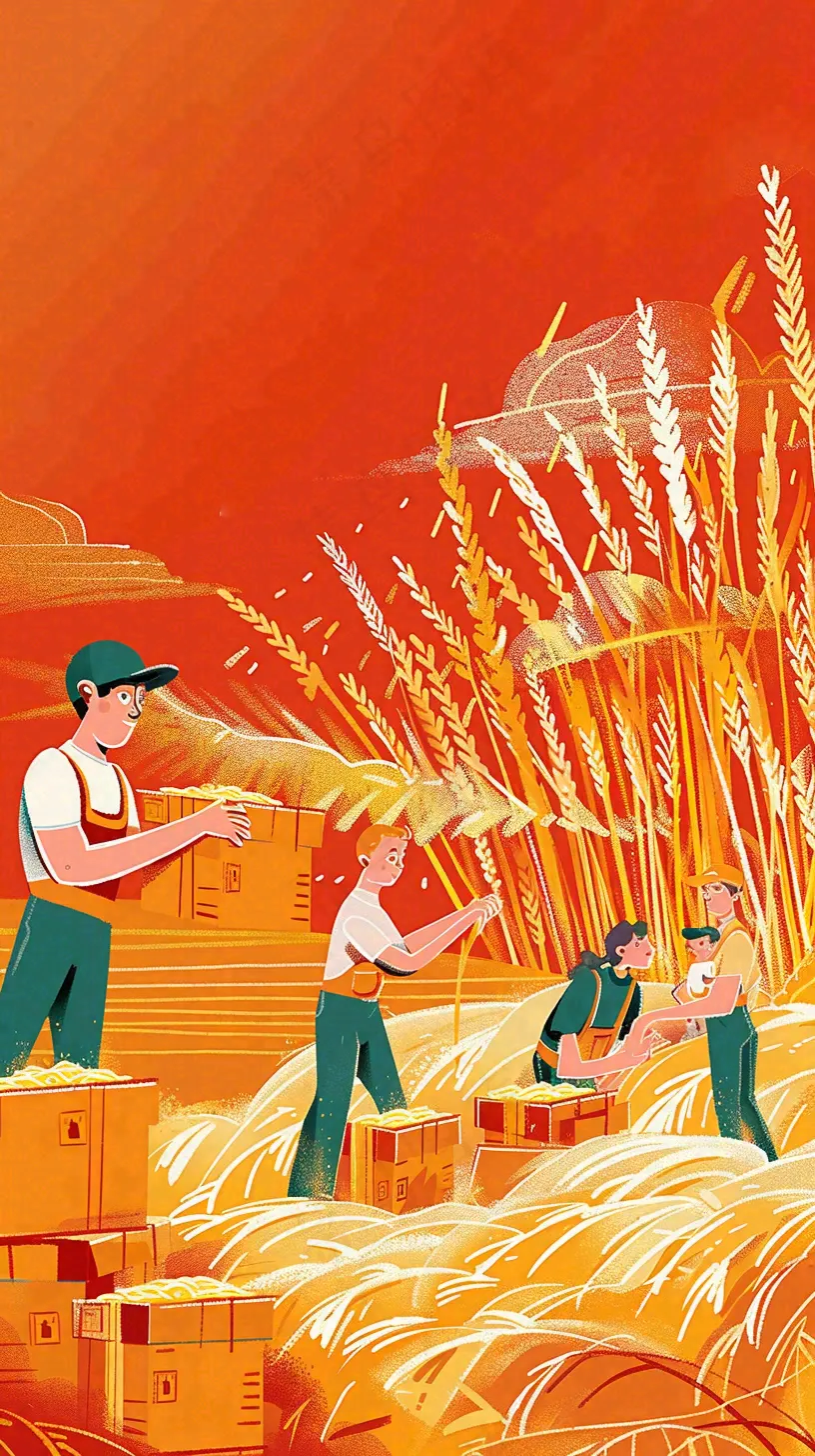 红色插画土地收成粮食农民辛勤劳作劳动节卡通插画背景