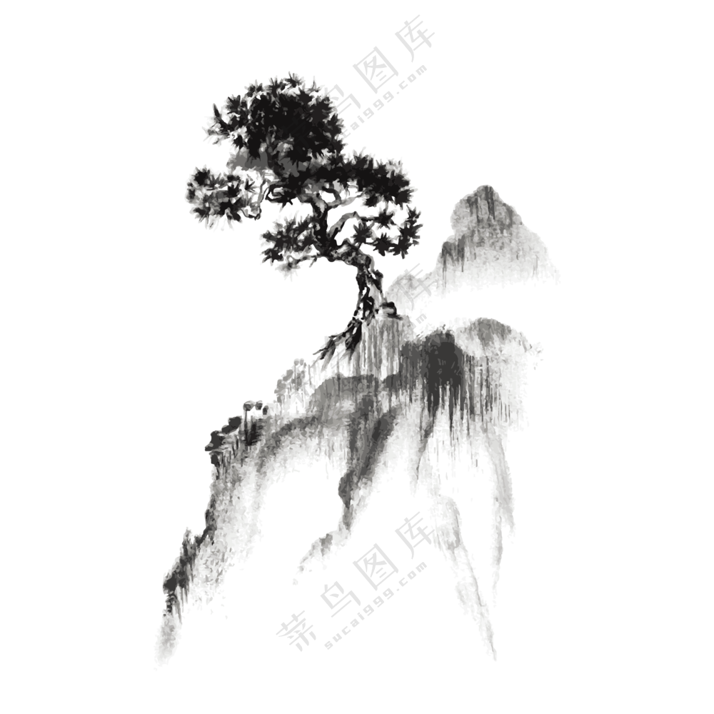 高山之巅大树水墨渲染绘画PNG素材