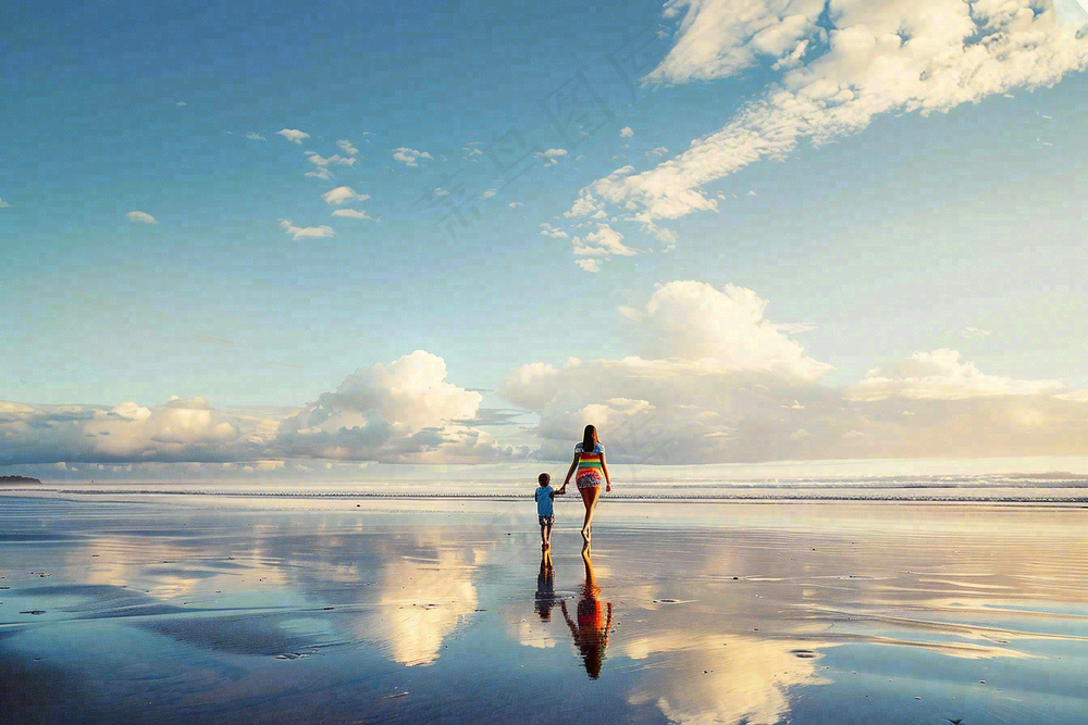 夏日海边沙滩妈妈和孩子散步母亲节温馨摄影图