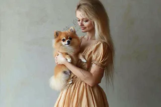 博美小狗美女抱着小狗萌宠宠物摄影图