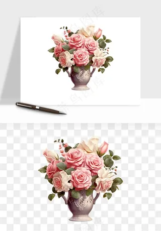 手绘花瓶花艺png免抠