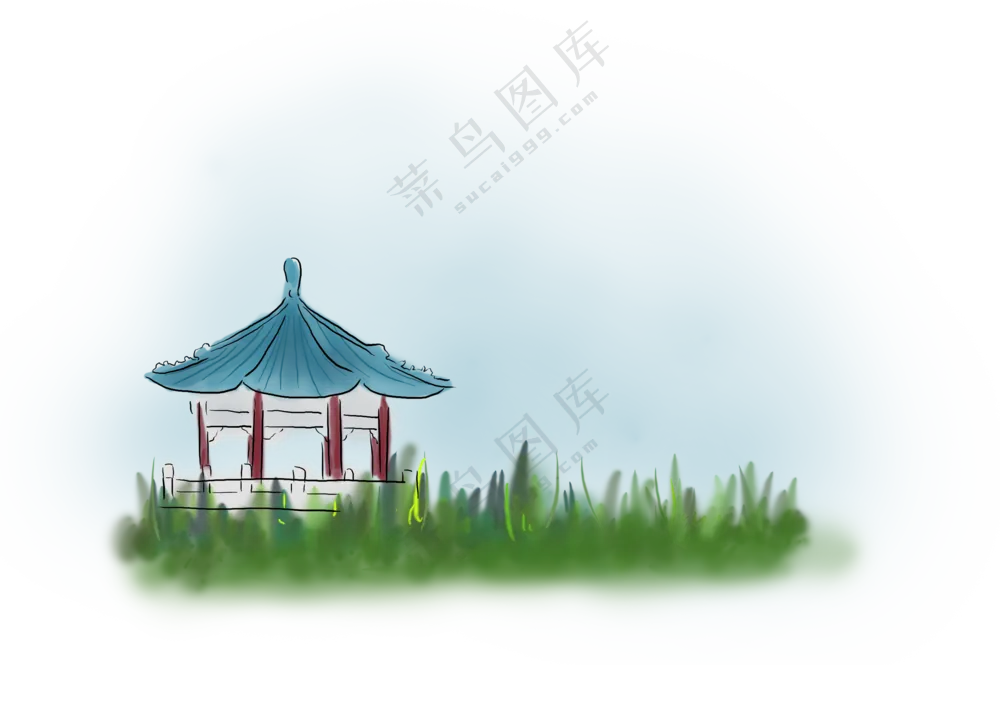 手绘风草丛与凉亭元素免抠图片素材