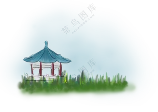 手绘风草丛与凉亭元素免抠图片素材