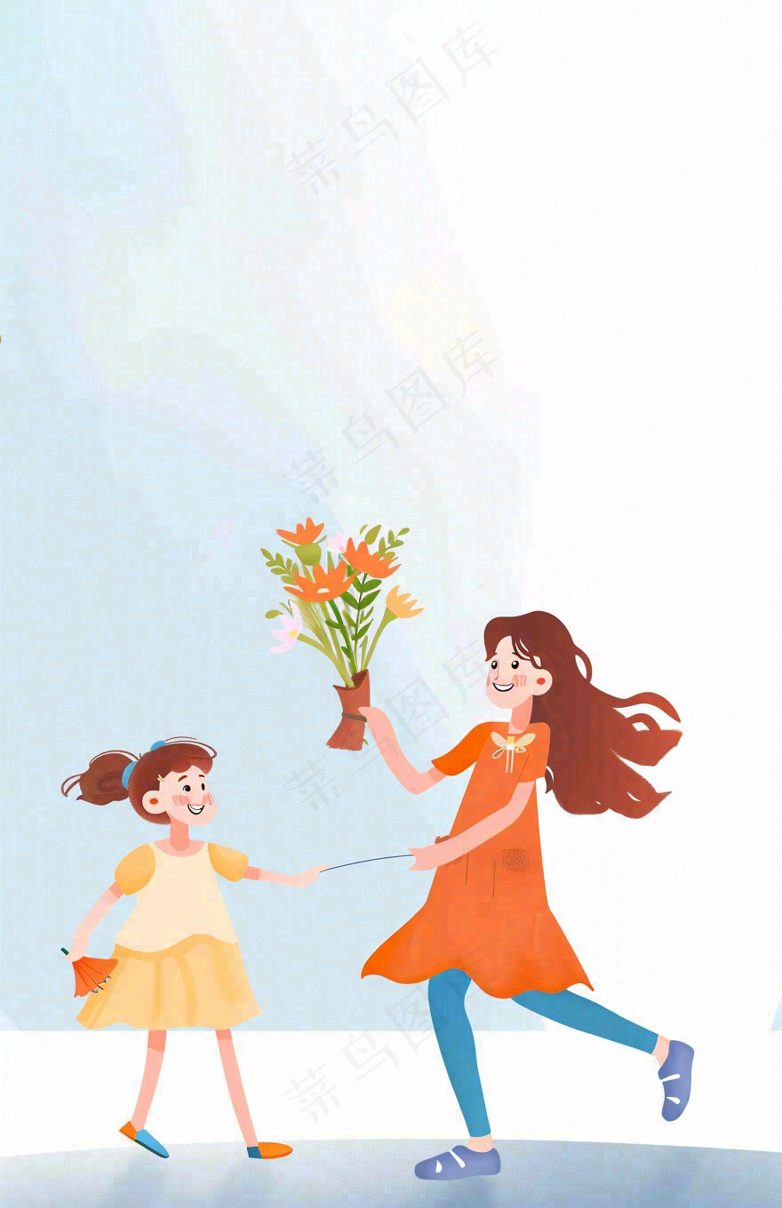 母亲节给妈妈送花的孩子亲情温馨插画背景