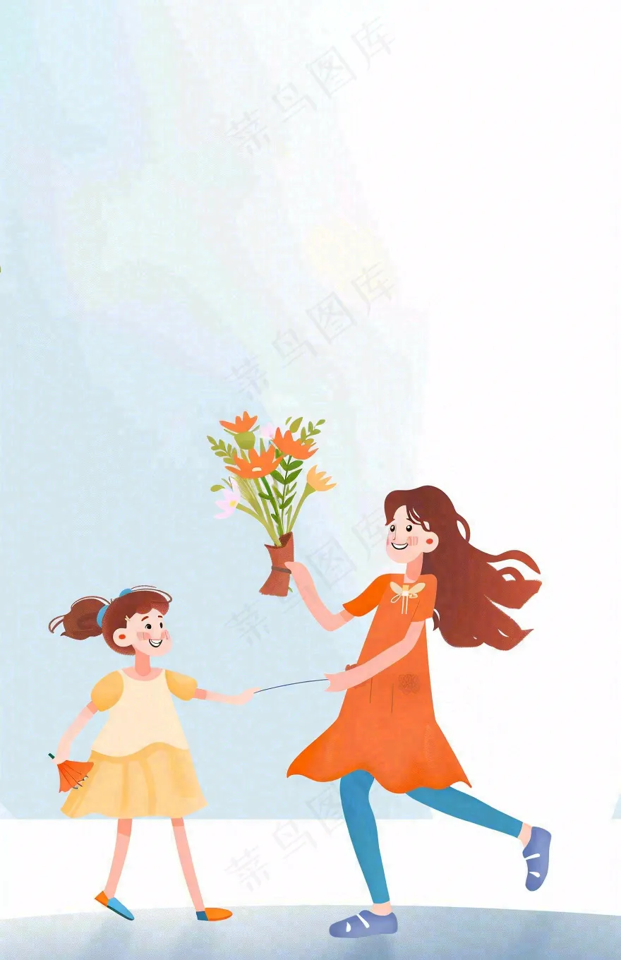 母亲节给妈妈送花的孩子亲情温馨插画背景