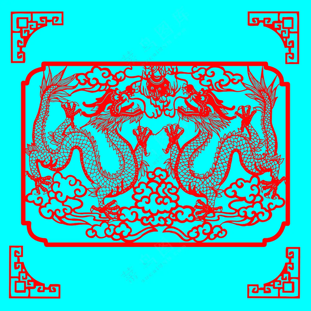 红色传统二龙戏珠剪纸