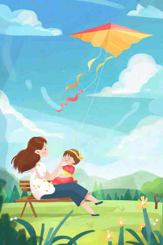 母亲节妈妈陪伴着孩子外出插画背景