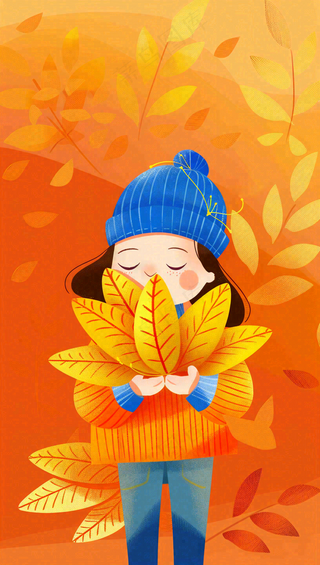 秋天女孩抱着落叶唯美卡通插画秋分立秋背景