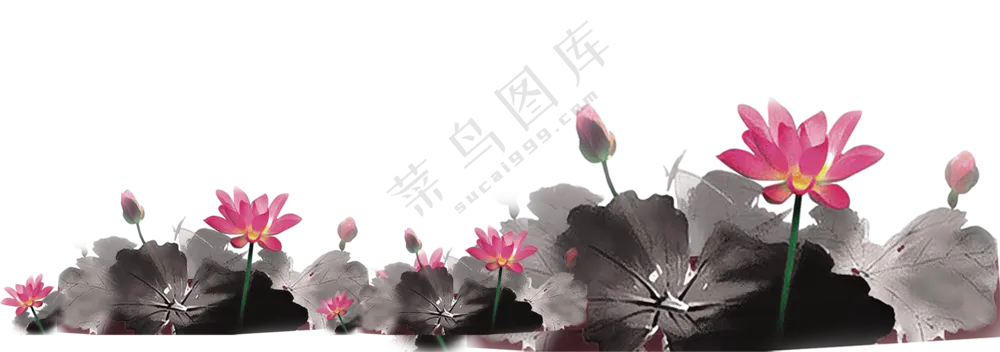 水墨风呈现的池塘荷花绘画PNG图片