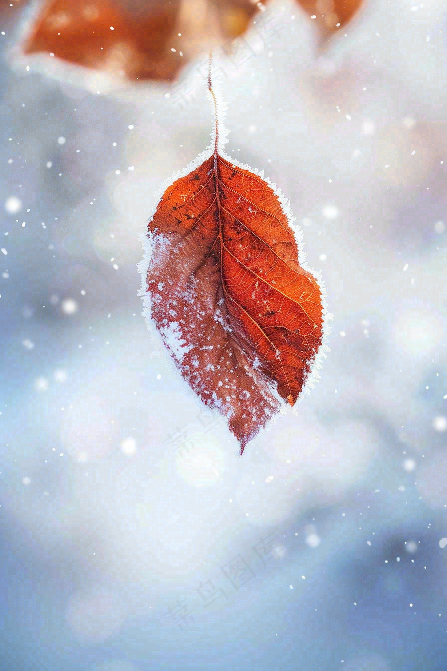 结满白霜雪花的树叶霜降摄影图