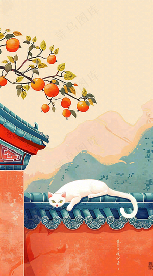 秋天红色宫墙上的白猫柿子树国风插画立秋秋分背景